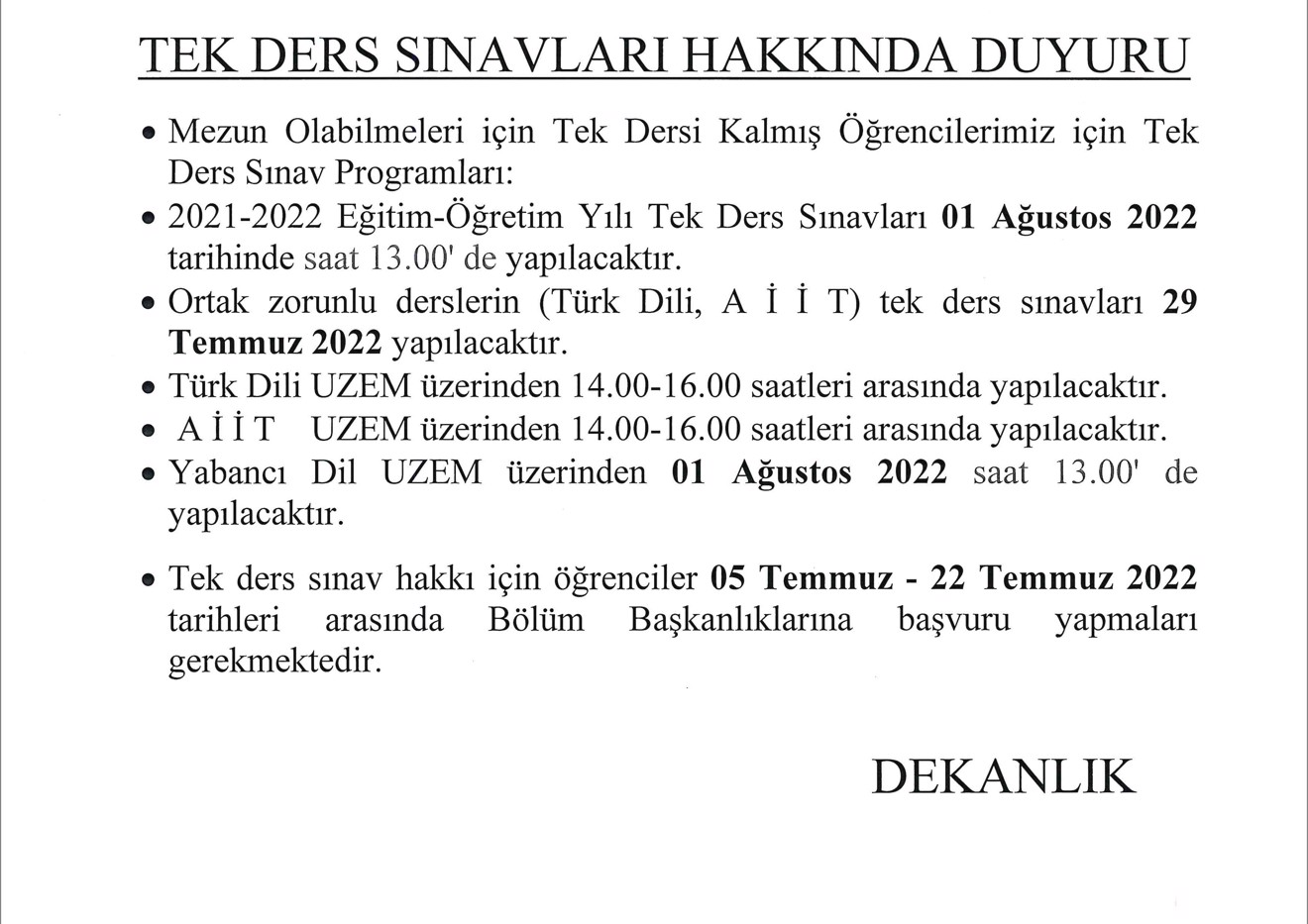 Tek Ders Sınav Duyurusu